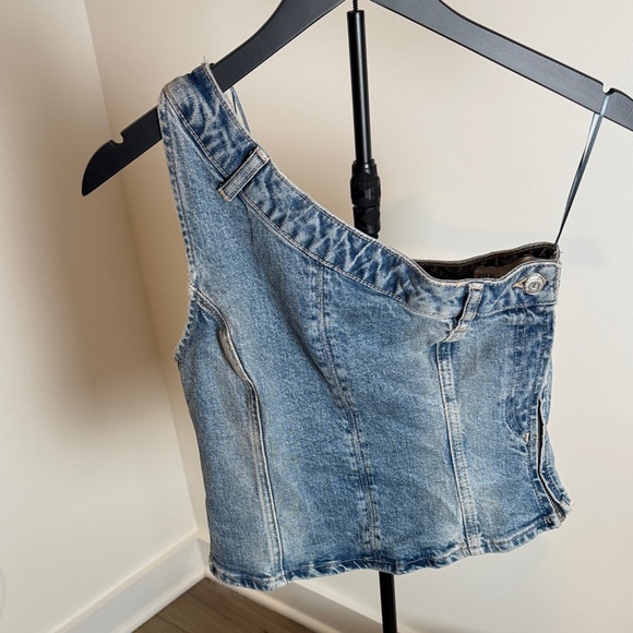 Zara Tops - Zara Blue Denim One-Shoulder Crop Top